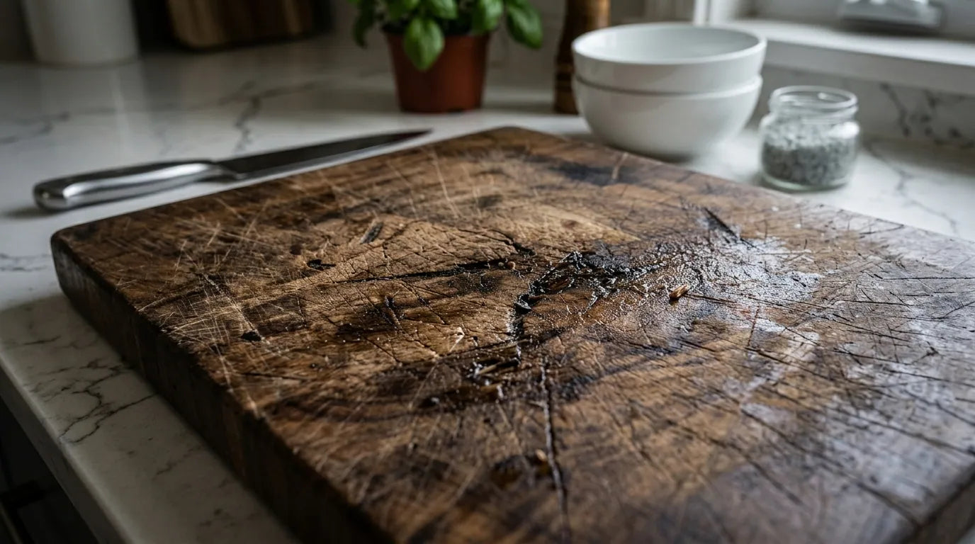 Makroaufnahme tiefer Messerrillen in einem dunklen, fleckigen Holzbrett